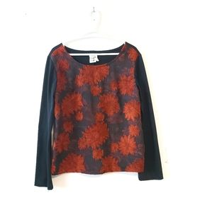 K BROWER Floral Appique Black Red Top Large